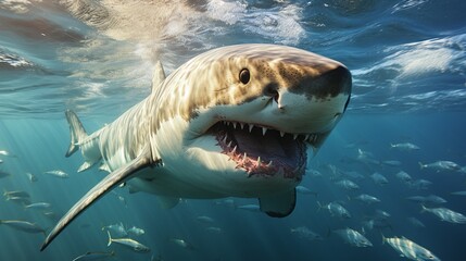 a great white shark swimming in the blue water.