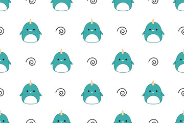 Kawaii narwhals on seamless pattern. Squishmallow. Background with narwhal. Kawaii, vector