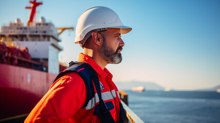 Portrait of a senior male worker wearing safety helmet and reflective vest while standing on a ship and looking away - obrazy, fototapety, plakaty