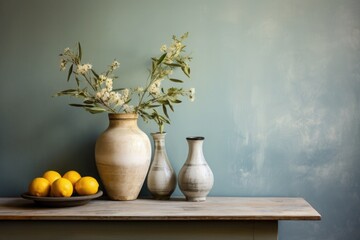 Quiet minimal interior in calm colors with vases, fruits and flowers, slow living
