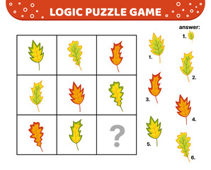 Obraz premium Motley oak leaves. Logic puzzle game. For kids Cartoon vector