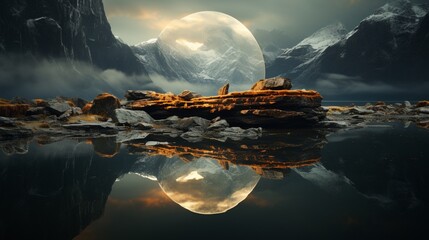 a large rock is sitting on top of water.