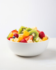 Healthy fresh fruit salad in bowl on gray concrete background.