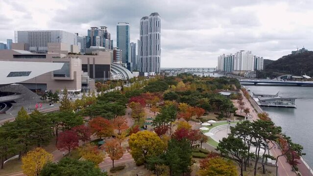 Aerial View of Autumn Naru Park, Centum City, Haeundae, Busan, South korea, Asia