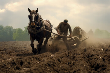 Men working on the farm with horse and plow - obrazy, fototapety, plakaty