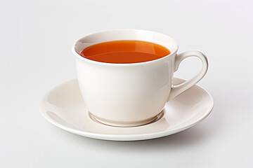 White cup with tea on white saucer.