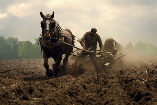 Men working on the farm with horse and plow