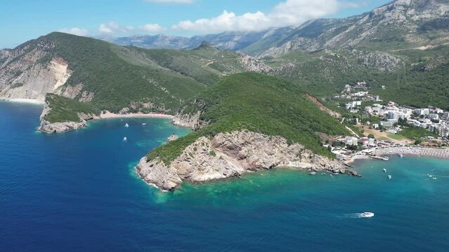 Queen's Beach ( Kraljichina Beach ) in Canj, Montenegro. Aerial view of paradise tropical beach, surrounded by green hills. Montenegro. Balkans. Europe.