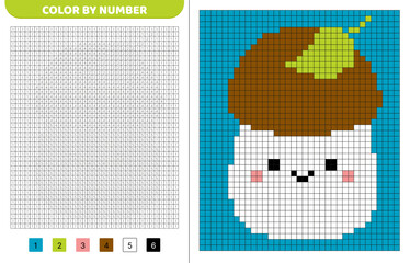 Mushroom squishmallow. Color by number. Pixel coloring book. Numbered squares. Game for kids. Vector