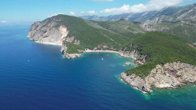 Queen's Beach ( Kraljichina Beach ) in Canj, Montenegro. Aerial view of paradise tropical beach, surrounded by green hills. Montenegro. Balkans. Europe.