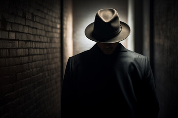 A stranger in a hat walks down a dark corridor