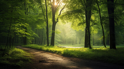 Naklejka premium Green forest with sunlight coming through trees.