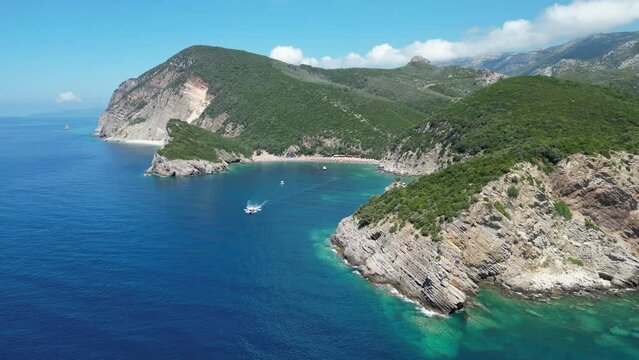 Queen's Beach ( Kraljichina Beach ) in Canj, Montenegro. Aerial view of paradise tropical beach, surrounded by green hills. Montenegro. Balkans. Europe.