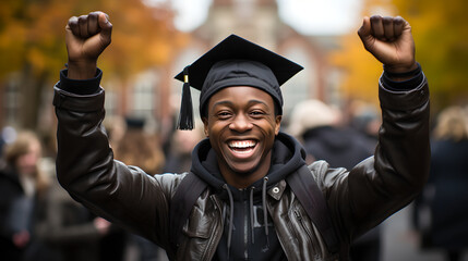 Happy african american male student graduate, excited young adult graduated raised his hand