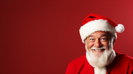 Fototapeta na wymiar Happy Santa Claus portrait on a red background with a copy space. AI generated