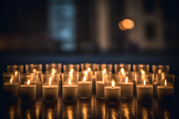 A candlelight vigil with flickering candles 