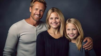 A Captivating portrait of a Beautiful Blonde Family, United in Joyful Smiles, beautiful young family hugging looking at the camera standing against dark background