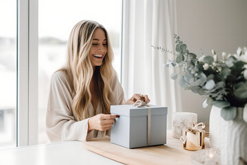 Stylish scandinavian woman happy opening present gift box, Relax, carefree, comfort lifestyle, lazy day at home - Powered by Adobe