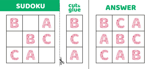 Easy sudoku with three letters of flowers A, B, C. Game puzzle for little kids. Cut and glue. Doodle
