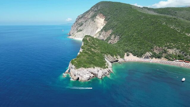 Queen's Beach ( Kraljichina Beach ) in Canj, Montenegro. Aerial view of paradise tropical beach, surrounded by green hills. Montenegro. Balkans. Europe.
