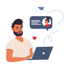 Text messaging concept illustration. Chatting and messaging. Man and woman chatting on computer. Flat vector illustration.
