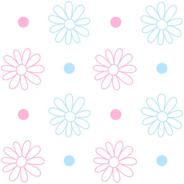 Soft floral seamless pattern with hand drawn pink and blue flowers and dots on white background. Cute botanical allover illustration great for baby clothes