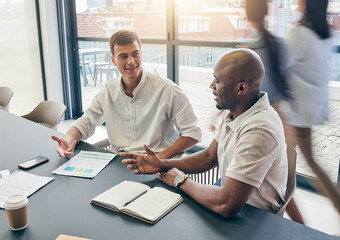 Business meeting, men and discussion, paperwork and planning with notebook, collaboration in conference room. Team, talking and notes with market research, ideas with strategy and working together