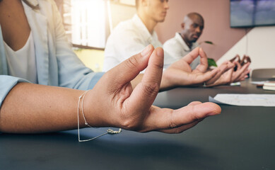 Yoga, office or hands of business people in meditation for mental health or breathing exercise...