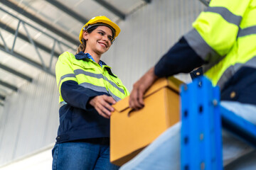 Engineer team cargo shipping transportation ship loading move inventory cardboard boxes in factory distributions warehouse at logistics center.logistic industry and business import export