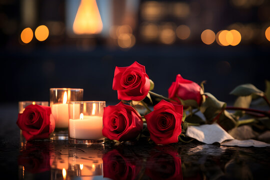 A candlelit memorial with flowers honoring the lives