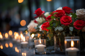 A candlelit memorial with flowers honoring the lives - obrazy, fototapety, plakaty