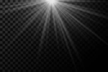 White glowing light explodes on a transparent background. Transparent shining sun, bright flash. Special glare light effect.