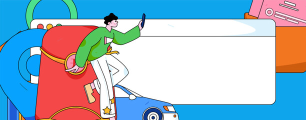 Flat vector concept operation hand-drawn illustration of people taking a taxi
