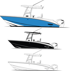 High quality line drawing vector fishing boat. Black, white and color illustration.