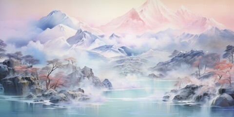 Harmonious blend of oil and water colors in Japanese mountain scenery, Generative AI