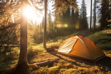 Camping tent. Camping equipment on the background of the forest. Tourist equipment on the background of the mountains. Camping in the mountains. 