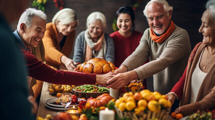 Fototapeta na wymiar Group of Seniors Holding Hands in Gratitude around a Festively Decorated Table, happy seniors celebrating Thanksgiving, wide banner with copy space area Generative AI