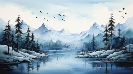 Mountain Peaks minimalist watercolor landscape art	