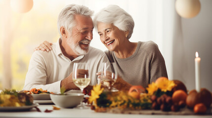 Elderly Couple Sharing a Thanksgiving Feast with Joyful Smiles, happy seniors celebrating Thanksgiving, wide banner with copy space area Generative AI