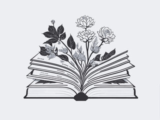 Grow your mind reed a books, black and white open book with flowers, floral vector illustration, Generative AI