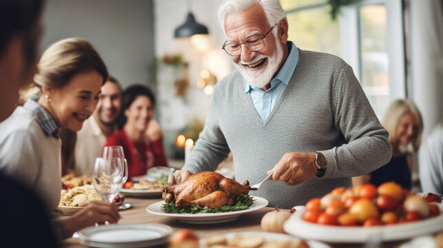 Senior Man Carving the Thanksgiving Turkey with Delightful Grin, happy seniors celebrating Thanksgiving, wide banner with copy space area Generative AI