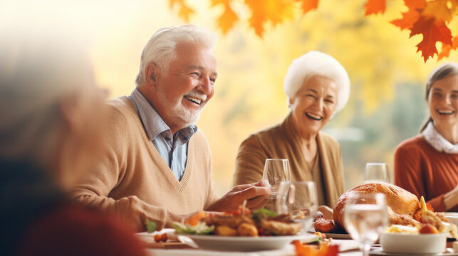 Elderly Couple Sharing a Thanksgiving Feast with Joyful Smiles, happy seniors celebrating Thanksgiving, wide banner with copy space area Generative AI