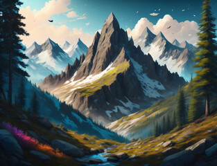 Naklejka premium Mountain landscape illustration, generetive AI