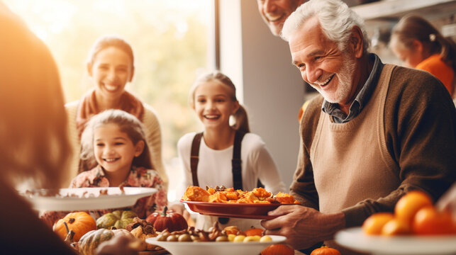 Seniors Engaging in a Thanksgiving Cooking Class, Learning and Enjoying, happy seniors celebrating Thanksgiving, wide banner with copy space area Generative AI