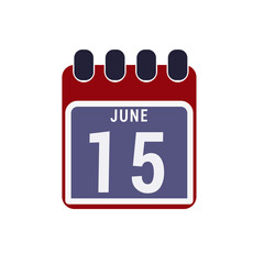 Calendar displaying page of the day 15 (fifteenth) of the June - Day 15 of the month. Illustration

