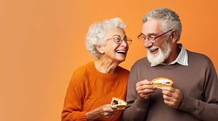 Senior Couple Sharing a Piece of Pumpkin Pie, Savoring Every Bite, happy seniors celebrating Thanksgiving, wide banner with copy space area Generative AI