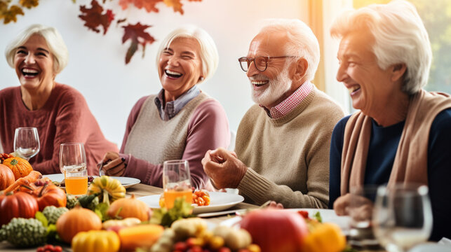Group of Seniors Engaging in a Game of Thanksgiving Bingo, Smiles All Around, happy seniors celebrating Thanksgiving, wide banner with copy space area Generative AI