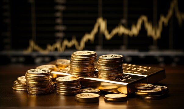Gold Bars investment financial strategy concept, gold coin, and virtual trading graph, stock market trading, cryptocurrency exchange, a fund for future