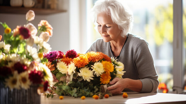 Senior Woman Creating a Beautiful Thanksgiving Floral Arrangement, happy seniors celebrating Thanksgiving, wide banner with copy space area Generative AI