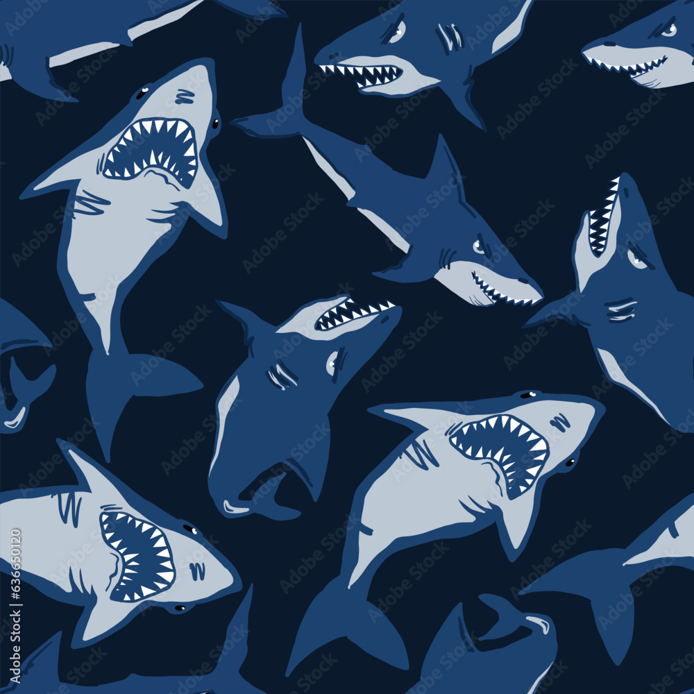 Wall mural Abstract seamless pattern with sharks. Background for textiles. fabric, web, wrapping paper, bed linen. clothes.